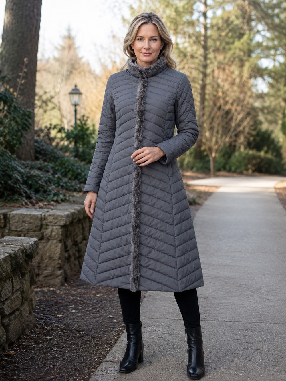 Luxury Gray Down Puffer Coat M w/ Fur Trim Long Quilted Versatile Cozy Minimalis